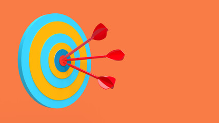 3d render yellow-blue target with three red darts in the top ten on an orange background. SEO Promotion Social Marketing Advertising Targeting