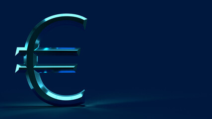 3d render euro metallic shiny blue icon on blue background with place for text