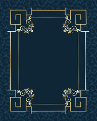 Vintage gold frame on damask dark background.