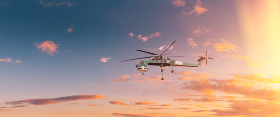 Aerial Crane Or Flying Crane Flying In Sky. sunset sky panorama