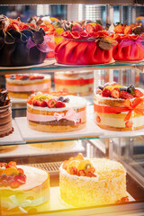 yummy assortment baked pastry in bakery. Various Different Types Of Sweet Cakes In Pastry Shop Glass Display. Good Assortment Of Confectionery. buffet with many desserts.