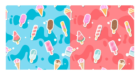 Cartoon Ice cream colorful background.  Fruit ice desserts, Blended overprint technique design. 
