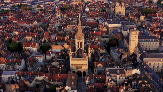 French Cathedral Church drone parallax during golden hour 4k 30p