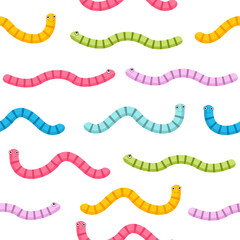 Worms seamless pattern. Colorful cartoon earthworms set. Cute child snakes white background. Vector illustration.