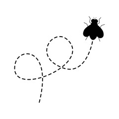 Flies icon. Fly insect silhouette flying on dotted route. Vector illustration isolated on white background.