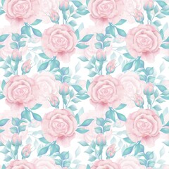 Floral seamless pattern of pink rose branches, buds, turquoise leaves, on a white background