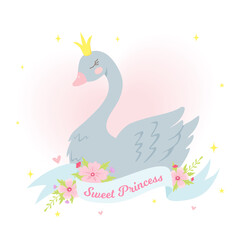 Cute princess swan with flowers, heart, ribbon and stars. Can be used for invitation, poster, greeting card. Vector illustration in cartoon style