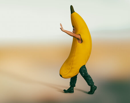 3D Illustration person in cartoon banana outfit giving directions