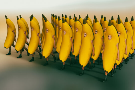 3D Illustration. Marching bananas 