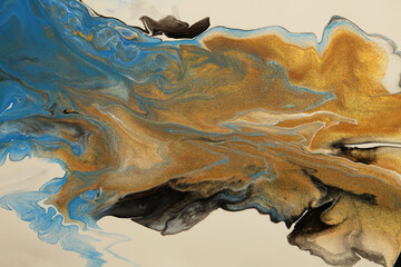 Abstract flow acrylic and watercolor pour flow marble blot painting. Color gold and blue wave copy space smoke horizontal texture background.