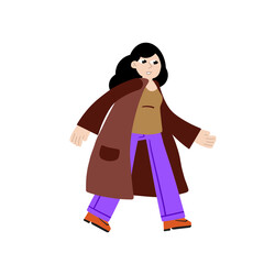 Woman in coat. Female character in casual autumn clothes. Girl walking. Flat trendy cartoon illustration