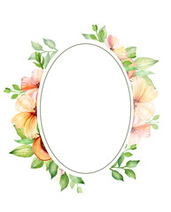 Oval watercolor frame. Hand drawn peach, peach flowers, green leaves are collected in a frame.