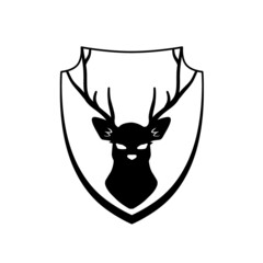 Head of deer on shield. Knight coat of arms with stag. Black silhouette of horned animal. Heraldic symbol