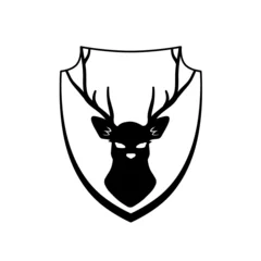 Fototapeten Head of deer on shield. Knight coat of arms with stag. Black silhouette of horned animal. Heraldic symbol © Taras