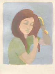 Fotobehang girl brushing her hair. watercolor illustration © Anna Ismagilova