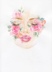 Fotobehang watercolor painting. woman face and roses. illustration.   © Anna Ismagilova