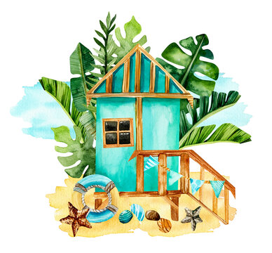 Summer watercolor illustration. Hand drawn beach hut, palm and tropical leaves, starfish, rocks, lifebuoy isolated on white background. Design for print, postcards