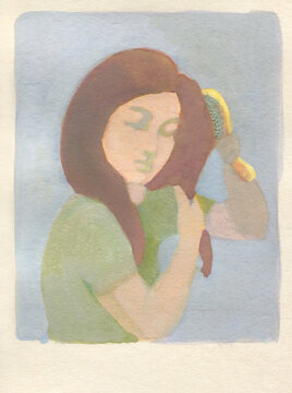 girl brushing her hair. watercolor illustration
