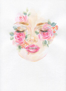 watercolor painting. woman face and roses. illustration. 
