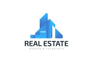 Modern and Futuristic Real Estate Logo Design. Abstract Blue Building Logo. Architecture or Construction Industry Brand Identity