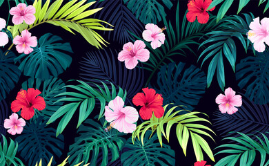 Seamless hand drawn tropical vector pattern with bright hibiscus flowers and exotic palm leaves on dark background. - obrazy, fototapety, plakaty
