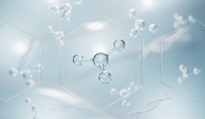 Realistic molecules background. Science illustration of a cream molecule. Hyaluronic acid skin solutions advertising, collagen serum drop with cosmetic advertising background. 3d rendering.

