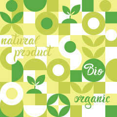 Bio label for ecological social projects, seamless pattern for green flowers eco packaging. Banner in natural style, mosaic of geometric white shapes.