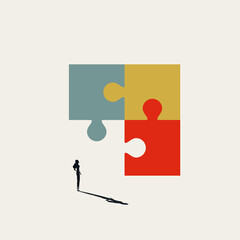 Business woman missing puzzle piece vector concept. Symbol of solution, problem and challenge. Minimal illustration. - obrazy, fototapety, plakaty