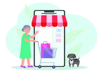 An elderly woman using her phone to shop online, shopping online, vector.