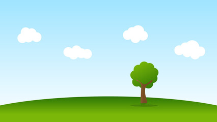 landscape cartoon scene with tree on green hill and white cloud in summer blue sky background