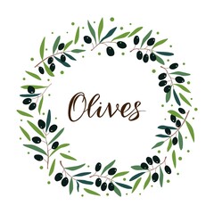 Round frame made of olive branches with lettering inside. Vector template for logo, label, card, invitation, banner or poster for essential oil products or organic cosmetics.