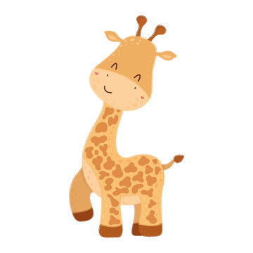 Carton giraffe character. Vector illustration of a cute animal. Cute little illustration of giraffe for kids, baby book, fairy tales, covers, baby shower invitation, textile t-shirt.