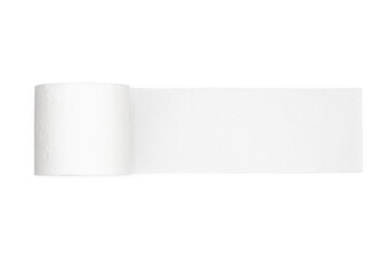 A roll of white toilet paper is slightly unwound lies on a white background