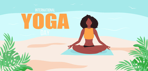 Woman meditating in nature, a meditation on the beach. Healthy lifestyle, open-air workout, yoga class. Vector banner, international yoga day