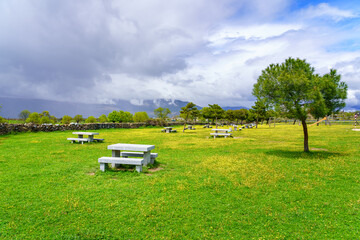 Stone benches to sit in the park of green grass and yellow flowers, Guadarrama Madrid.