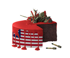 Cake from hell. Conceptual territory occupation, war destruction graphics in colors of national flag. Liberia