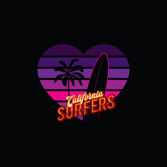 Original vector illustration. Palm trees and surfing on the background of a retro sunset in the shape of a heart in the style of the 80s. T-shirt design, design element.