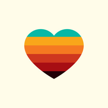 Vintage sunset in the shape of a heart, in the style of the 80s. Vector background. A design element.