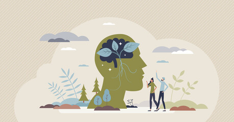 Environmental psychology for individual and environment surrounding tiny person concept. Social behavior and mindset in field of nature, sustainability and ecological factors vector illustration. - obrazy, fototapety, plakaty