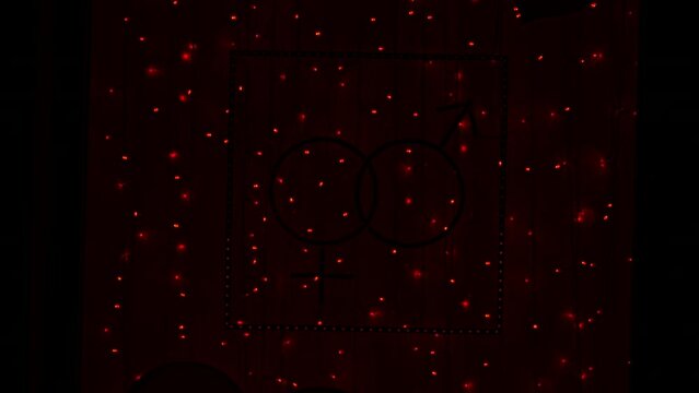 Bright neon sign of gender symbols at the entrance to the sex shop. Night time. Close up