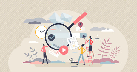 Searching information and info search engine on browser tiny person concept. Internet network data research and results display process vector illustration. SEO tool and find analysis help instrument. - obrazy, fototapety, plakaty