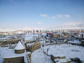 Top view of beautiful Anatolian City Erzurum and castle, Turkey in snowy winter day 