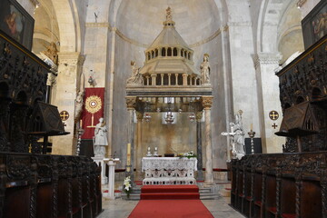 Croatia, Trogir, old city, heritage,
St. Lawrence's Cathedral, a Romanesque-Gothic structure from...