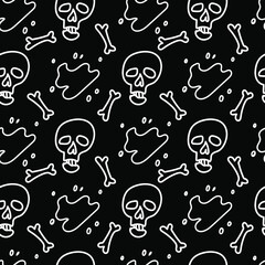 Vector seamless Halloween pattern with white line on black background.Festive,modern,horror,mystical print in doodle style.Designs for wrapping paper, packaging,cards,notebook covers,textiles,fabric.
