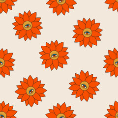 Seamless vector pattern with psychedelic flower and eye illustrations. Background with mystic floral elements. Vintage boho texture