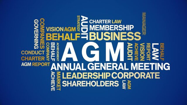 AGM - Annual General Meeting acronym animated tag word cloud;text design animation kinetic typography seamless loop.