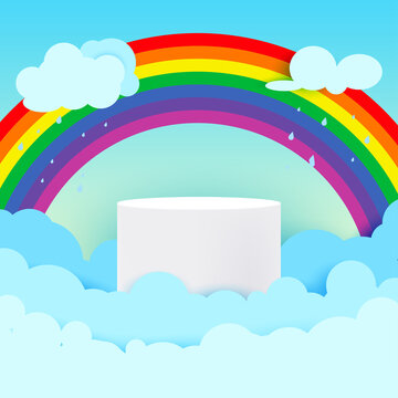 Monsoon theme product display podium. surrounded with clouds, rainbow and raining drops on blue sky background.