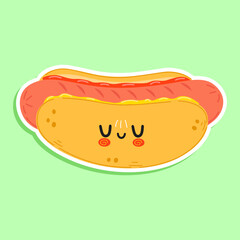 Cute funny hotdog sticker character. Vector hand drawn cartoon kawaii character illustration icon. Isolated on white background. Happy hot dog character concept