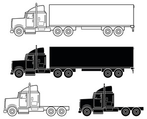 Large Transport Truck With and Without Trailer Clipart Set - Outline & Silhouette © ATerra