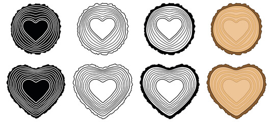 Tree Ring in the Shape of a Heart Clipart Set - Outline, Silhouette and Color